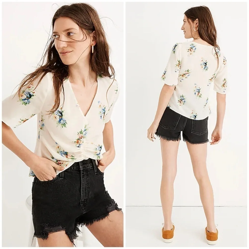 Madewell Shirred-Front Top Women's Cream Floral Silk Classic Corsage V-Neck Sz 2 - Picture 1 of 7